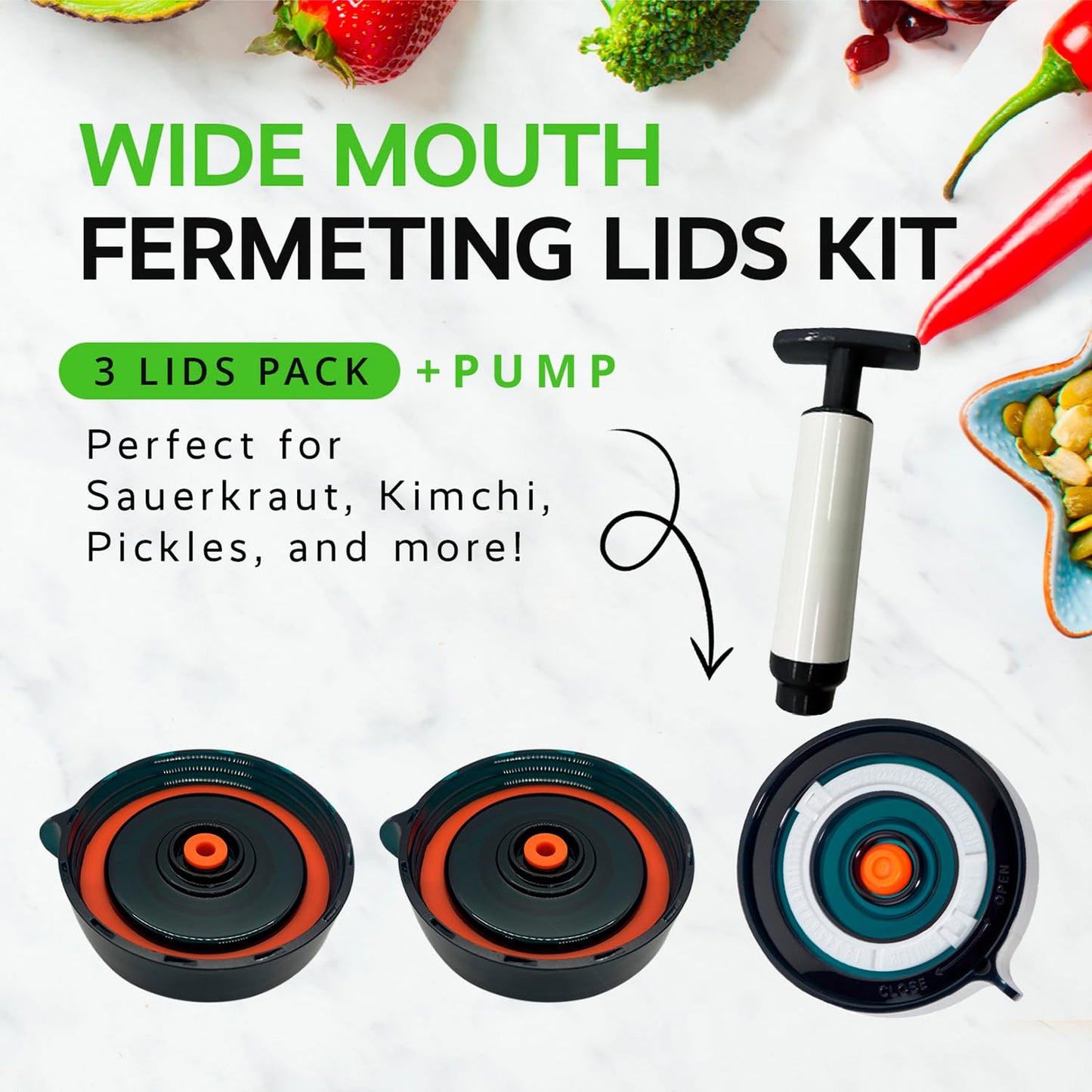 Easy Fermenter Fermentation Kit, Includes 3 Fermenting Lids for Wide Mouth Mason Jars & Oxygen Extractor Pump, Mason Jar Airlock Lid For Fermenting Kimchi, Pickle, & Sauerkraut