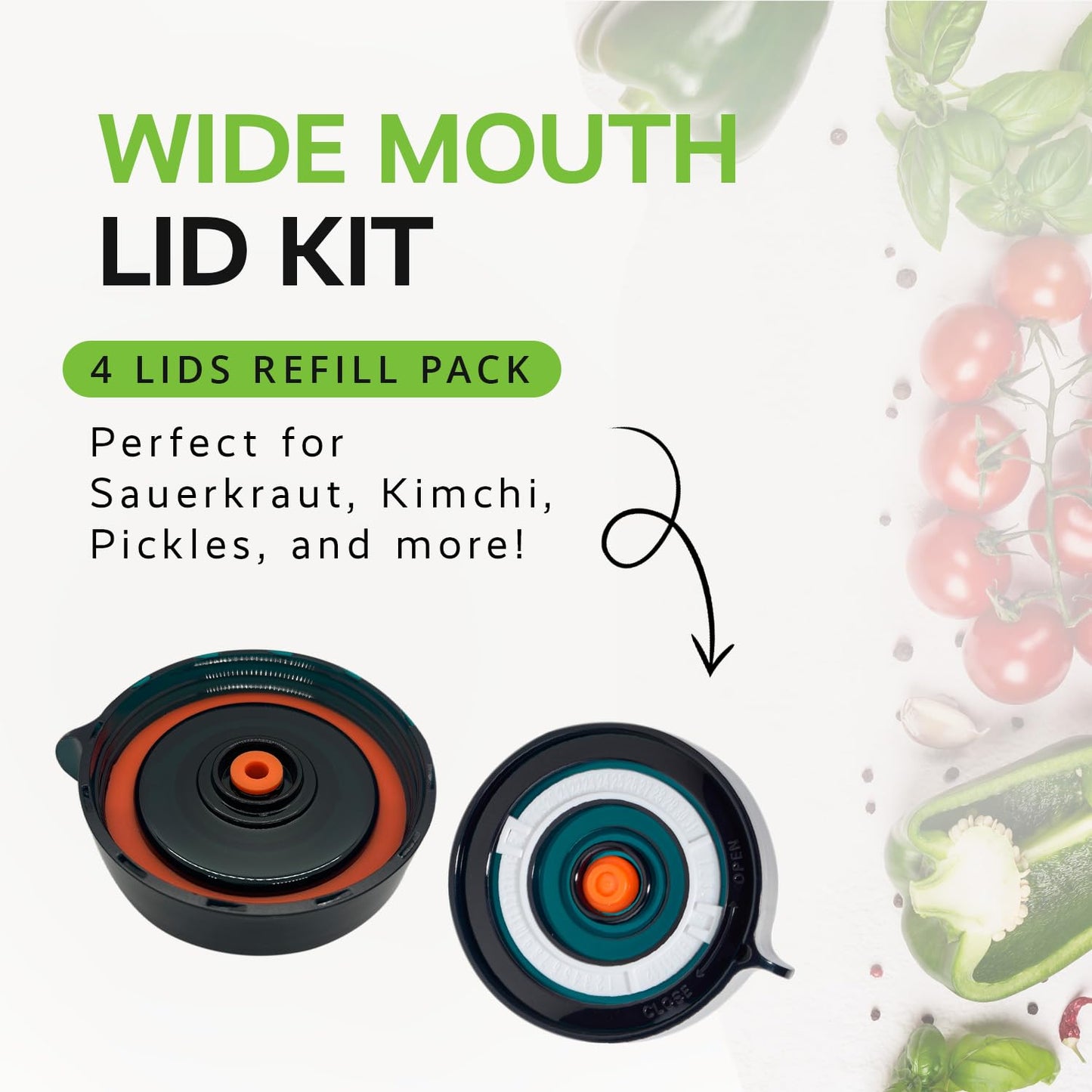 Easy Fermenter 4 Pack Refill Kit (Lids Only), Mason Jar Airlock Lid, Fermenting Lids for Wide Mouth Mason Jars, Kimchi, Pickle, and Sauerkraut